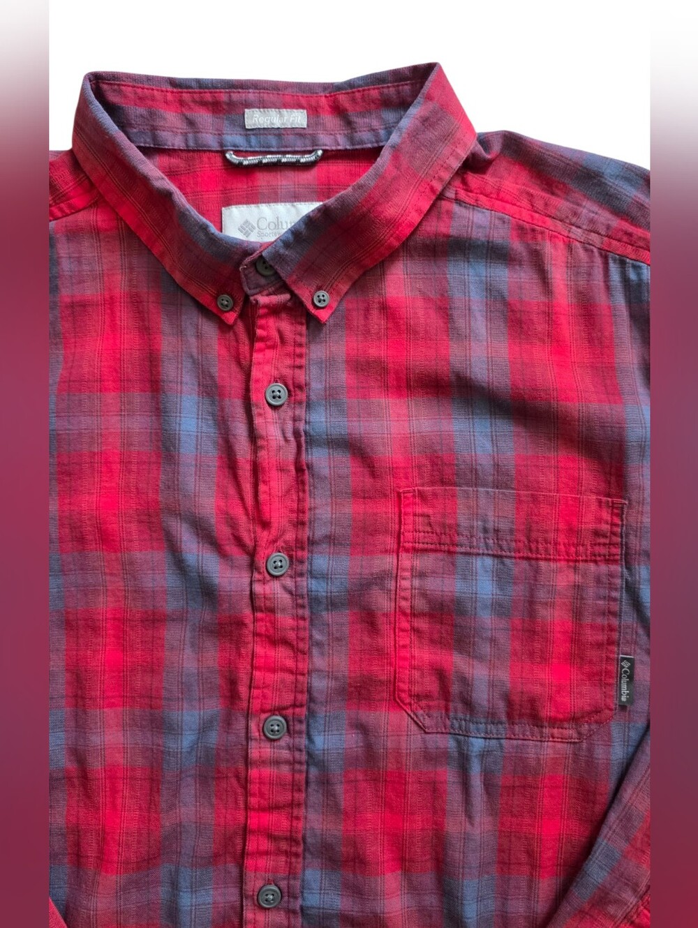 Columbia XL Red Blue Plaid Long Sleeve Outdoor Gorpcore Button Down Shirt - Picture 3 of 8